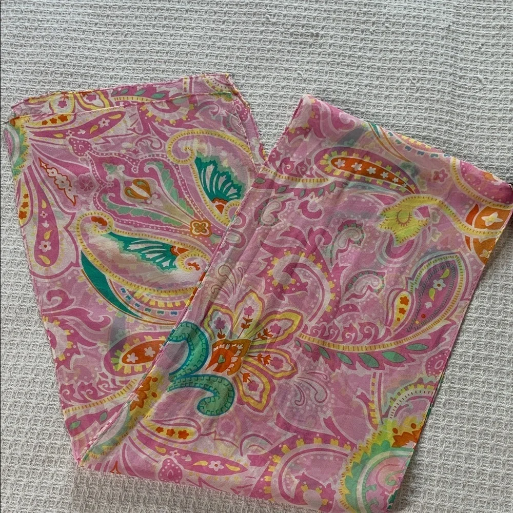 New York and Co pink, green, yellow and orange paisley print silk scarf